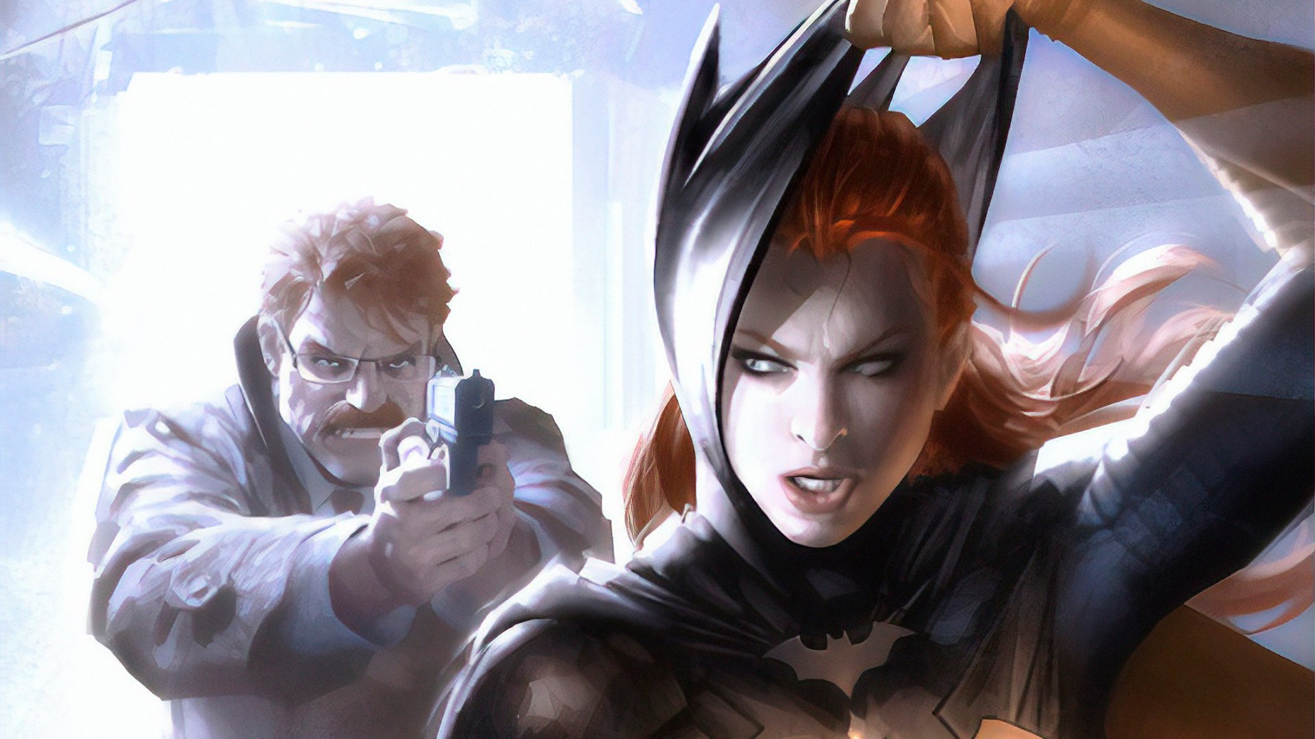 HD desktop wallpaper featuring James Gordon with a gun and Barbara Gordon as Batgirl in action, from DC Comics.