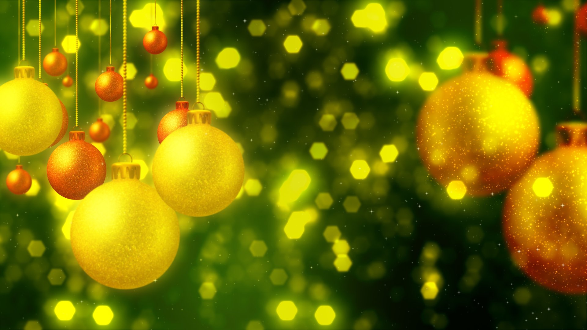 4K Ultra HD holiday Christmas wallpaper featuring glowing golden and red ornaments against a vibrant green bokeh background, creating a festive and warm atmosphere.