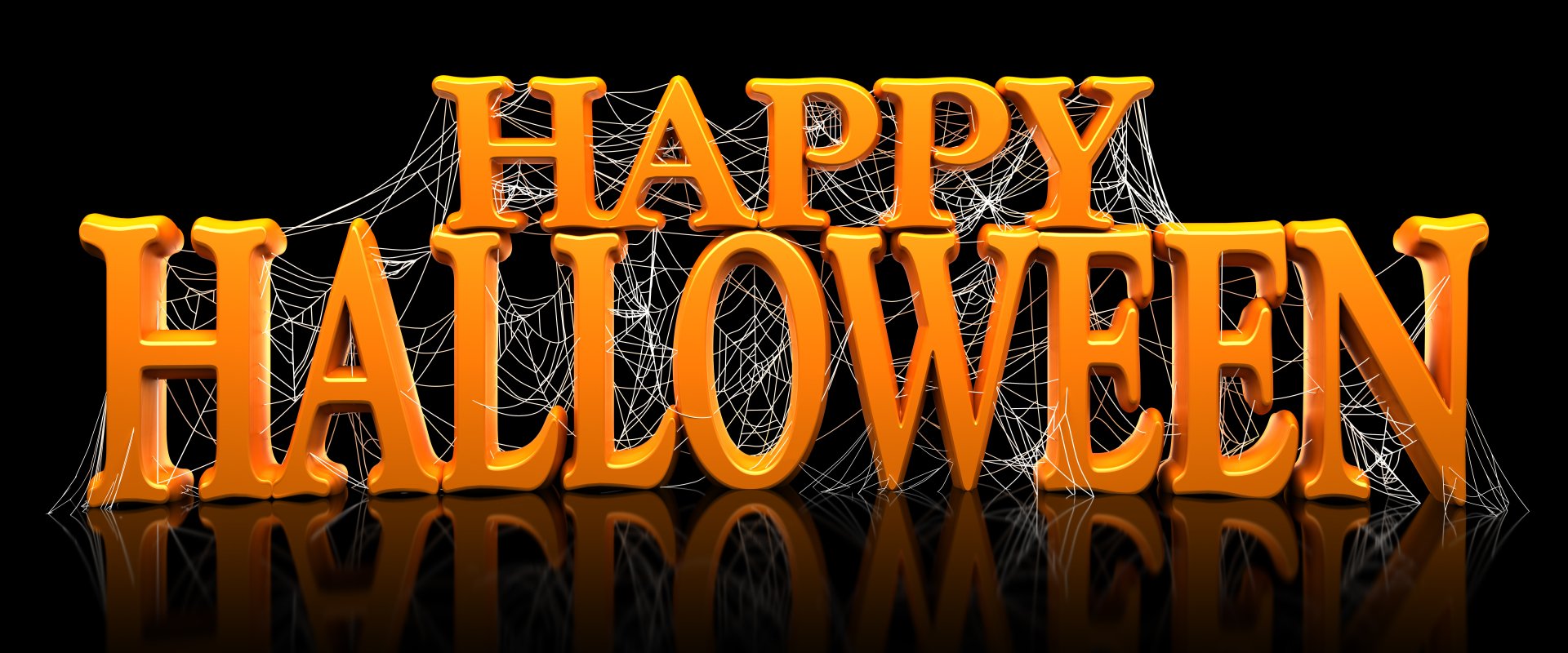 Happy Halloween text in bold orange letters with spider webs, set against a black background, creating a festive and spooky 4K Ultra HD holiday wallpaper.