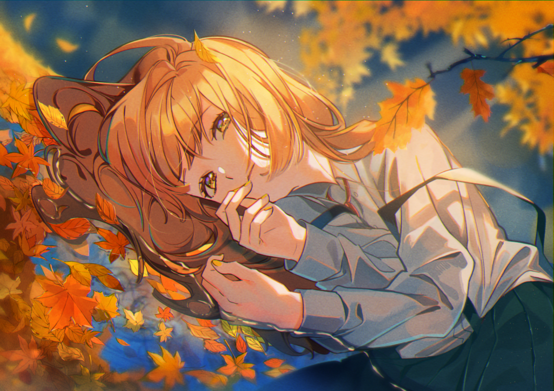 HD anime wallpaper featuring an original character with long, blonde hair, lying pensively amid vibrant autumn leaves under a twilight sky.