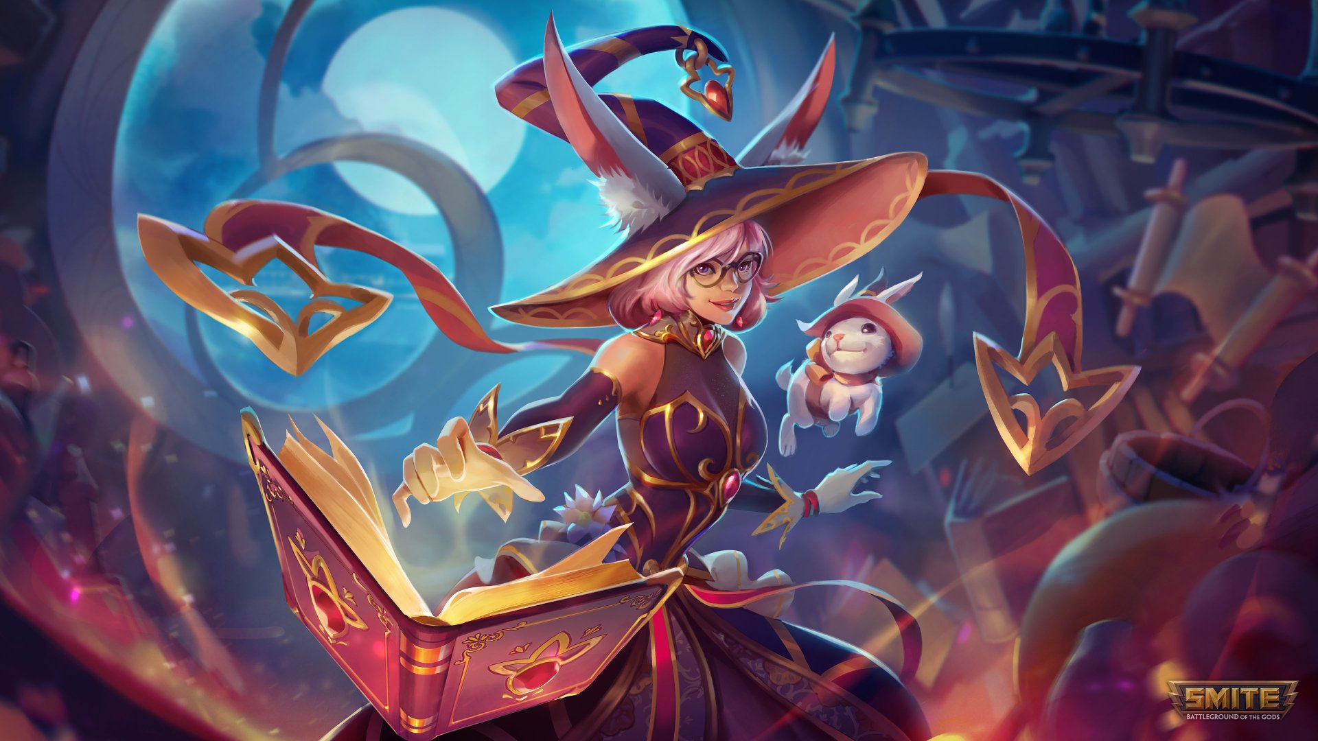 Chang'e (Smite) in a witch-themed outfit with a floating spellbook and rabbit companion under a glowing moon — 4K Ultra HD PC desktop wallpaper/background from the Smite video game.