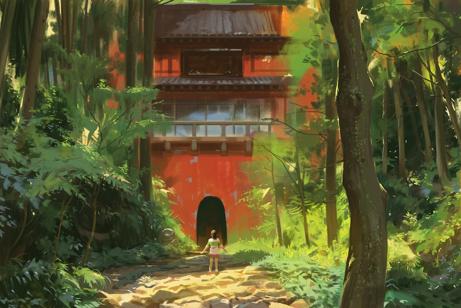 HD anime desktop wallpaper featuring a vibrant forest scene from Spirited Away, with a small figure standing before a large, traditional red building.