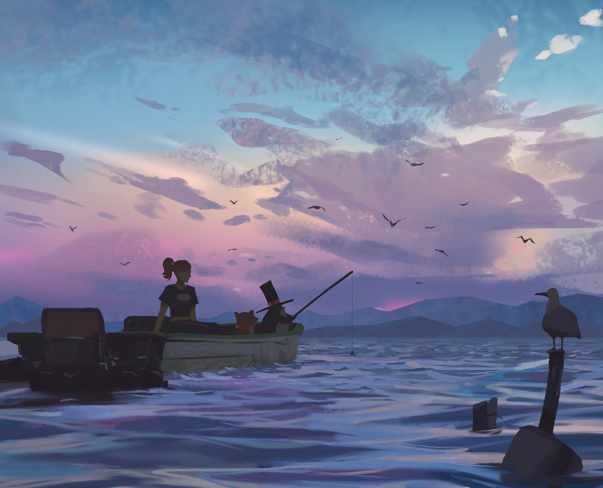 Anime-style original HD desktop wallpaper depicting a serene scene of a person fishing on a boat at sunset with birds flying over calm waters.