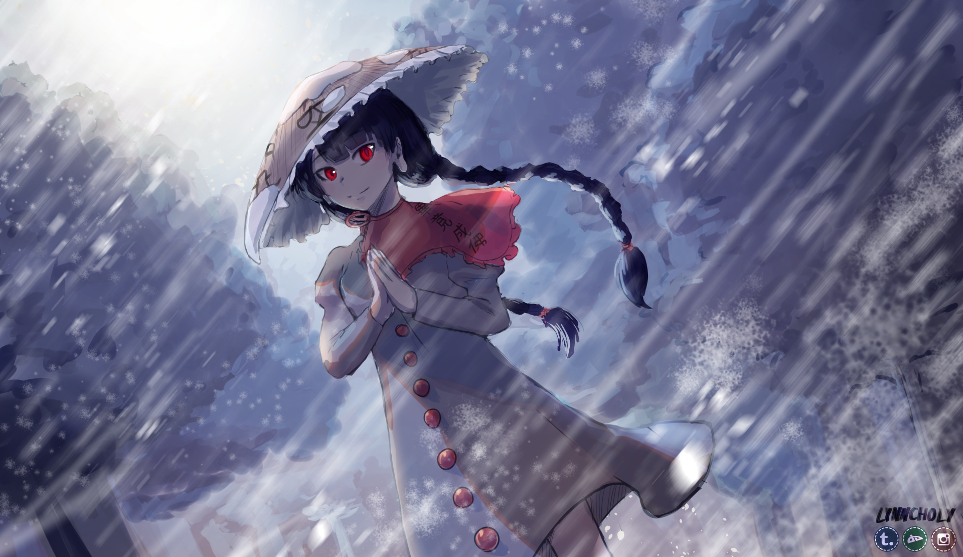 Narumi Yatadera (Touhou) in a snowy blizzard: red-eyed girl with braids and straw hat, gray coat with red trim, atmospheric 2K Quad HD PC desktop wallpaper.