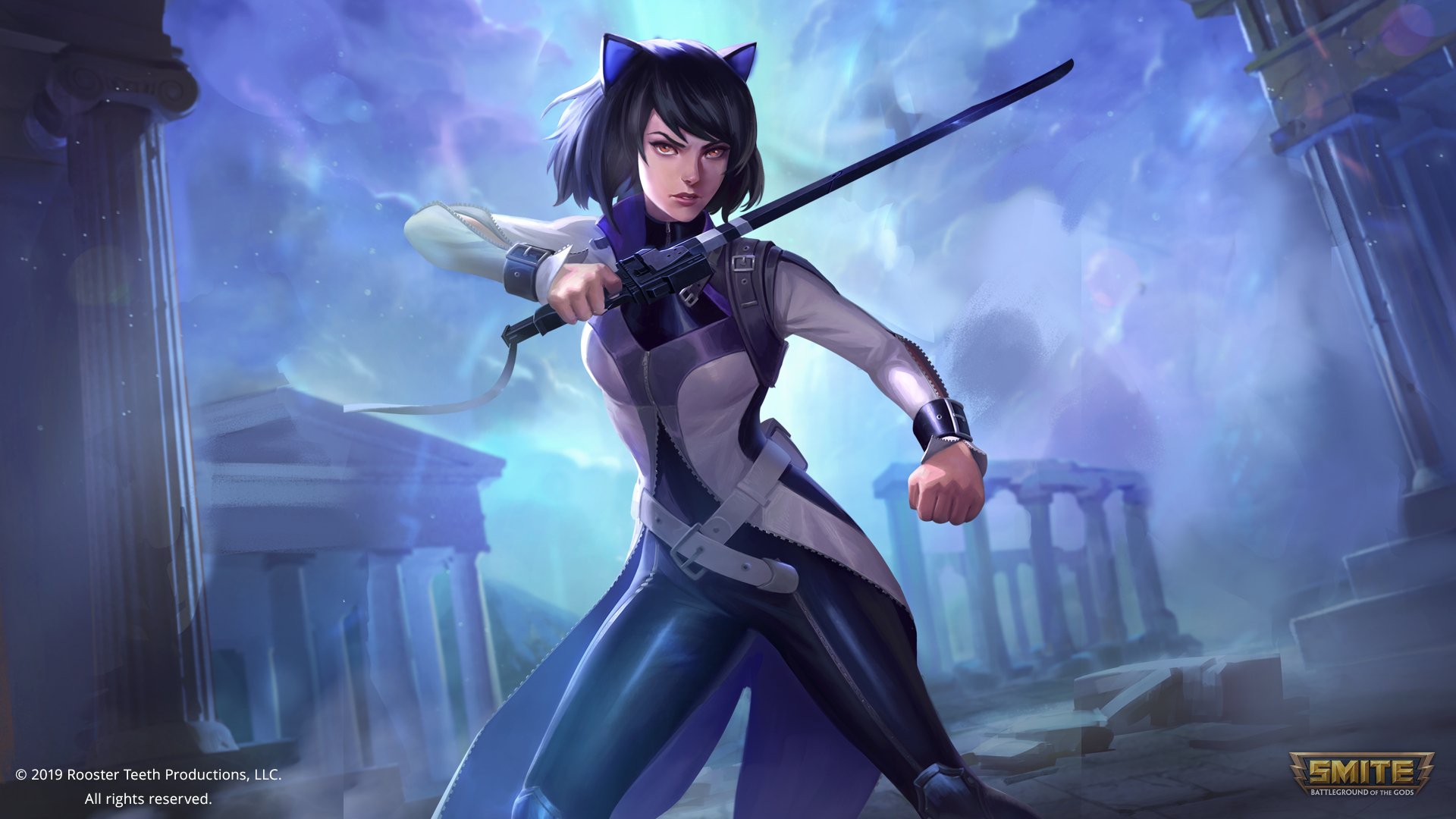 Blake Belladonna wields a sword in a dynamic pose against a mystical, ruined temple backdrop in this 4K Ultra HD Smite video game desktop wallpaper featuring Amaterasu.