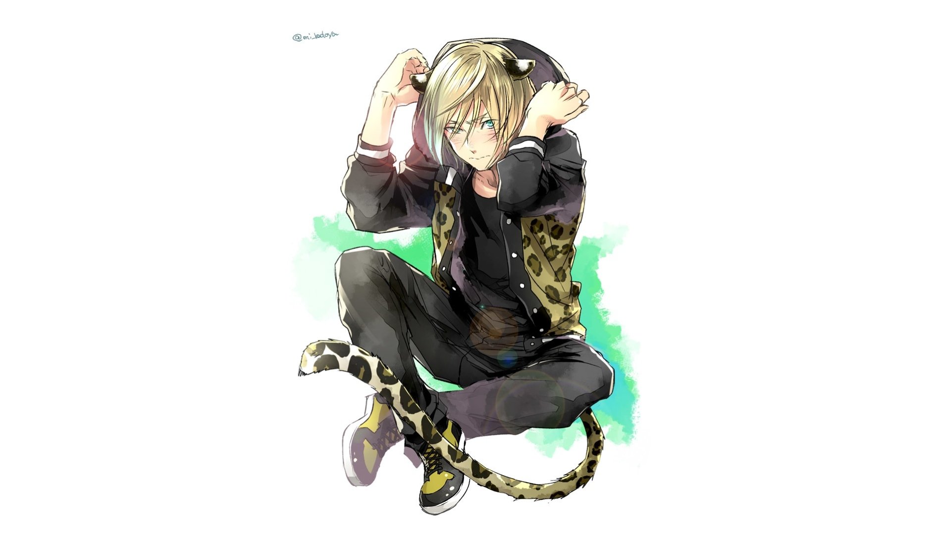Anime Yuri Plisetsky (Yuri!!! on ICE) seated cross-legged in a leopard-print hoodie with headphones, blond hair and green eyes on a white background with a teal splash — HD PC desktop wallpaper.