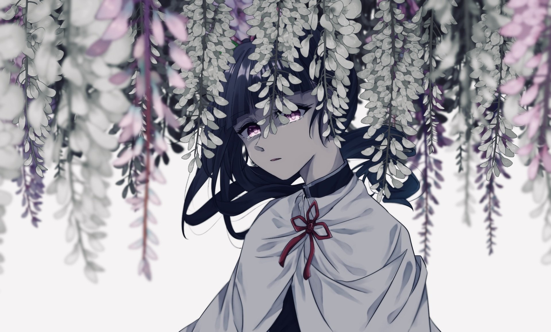 HD desktop wallpaper featuring Kanao Tsuyuri from the anime Demon Slayer: Kimetsu no Yaiba, standing beneath hanging wisteria flowers.