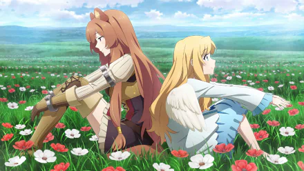 An HD wallpaper featuring Raphtalia and Filo from The Rising of the Shield Hero, sitting back-to-back in a meadow filled with flowers. Raphtalia has animal ears, brown hair, and blue eyes. Filo has long blonde hair.