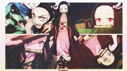 HD desktop wallpaper of Nezuko Kamado from Demon Slayer: Kimetsu no Yaiba, featuring multiple scenes of her in various expressions and dynamic poses.