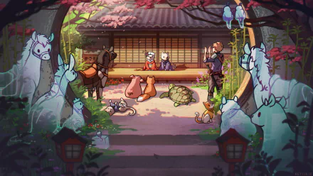 HD Minecraft desktop wallpaper featuring Water Sheep, Pee Pee Poo Poo, Joergen, and Sven gathered around a traditional Japanese-style tea house surrounded by nature.