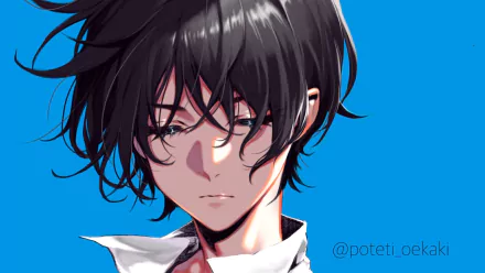 Anime-style original artwork of a black-haired character with tousled hair, set against a vibrant blue background, designed as an HD PC desktop wallpaper.