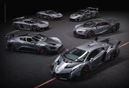 HD PC desktop wallpaper collage featuring supercars: McLaren Senna, Koenigsegg Jesko, Bugatti Chiron, Zenvo TSR-S, Ferrari LaFerrari, and Lamborghini Veneno in a sleek gray tone.