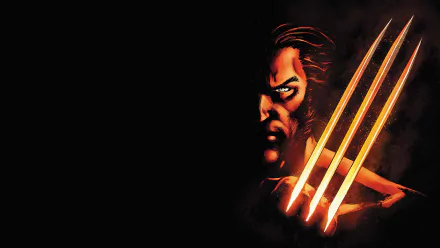 Comic Wolverine portrait with fiery glowing claws emerging from shadow on a black background — 4K Ultra HD PC desktop wallpaper and background