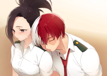 HD PC desktop wallpaper featuring anime characters Momo Yaoyorozu and Shoto Todoroki from My Hero Academia in a soft, calm moment.