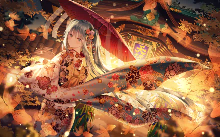 HD desktop wallpaper featuring Hatsune Miku with blue hair, set in a serene anime scene with vibrant autumn leaves and a traditional backdrop. The enchanting atmosphere embodies the Vocaloid aesthetic.