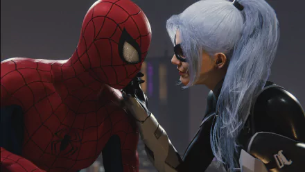 HD desktop wallpaper featuring Spider-Man and Black Cat from the Spider-Man PS4 video game in a close, intense moment.