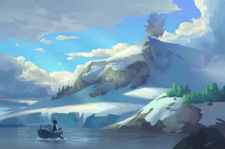Anime HD PC desktop wallpaper, Howl's Moving Castle–inspired: lone figure in a boat on a glassy lake, snowy cliffs and a small house atop a sunlit hill.