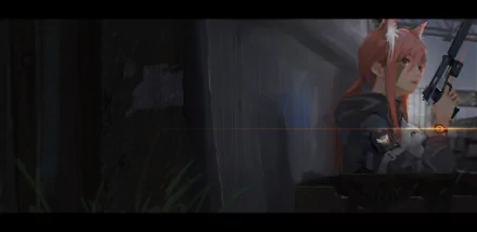 Anime-style original character with pink hair and animal ears, holding a pistol, depicted in a dark, moody 4K Ultra HD PC desktop wallpaper.