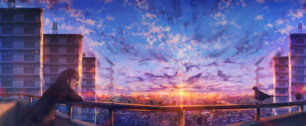 Anime-style cityscape at sunset, featuring a figure leaning on a railing in the foreground, with vivid sky colors. HD wallpaper and background.