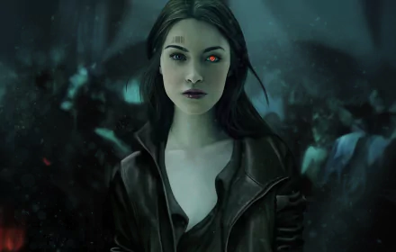 Sci-fi cyborg woman with a glowing red eye and dark leather jacket in a misty forest — 4K Ultra HD PC desktop wallpaper.