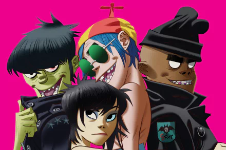 HD PC desktop wallpaper of Gorillaz band: 2D, Murdoc, Russel and Noodle posing against a bright pink background — music-themed Gorillaz artwork.