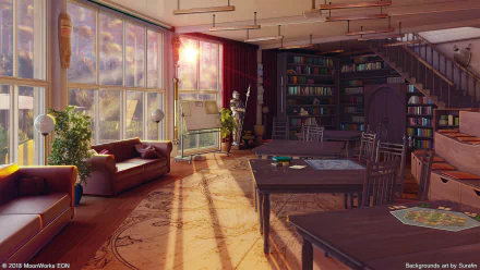A cozy anime-themed interior with a sunset streaming through large windows, featuring a sofa, staircase, and a bookshelf, creating a warm and inviting atmosphere.