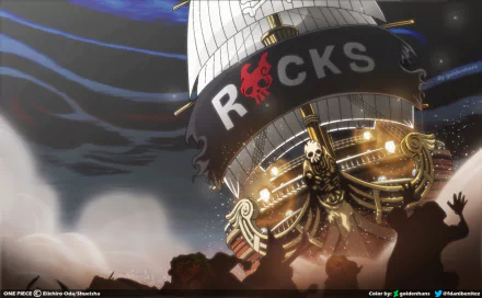 HD PC desktop wallpaper featuring the Thousand Sunny ship from the anime One Piece, showing dynamic lighting and a bold ROCKS banner on the sail.