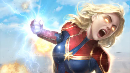Blonde Captain Marvel unleashing energy blasts with glowing eyes against a dynamic sky backdrop in a vibrant 4K Ultra HD comic-style desktop wallpaper.