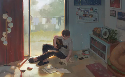 Anime-style HD desktop wallpaper of a peaceful room with a person playing guitar, a dog lounging nearby, slippers on the floor, and sunlight streaming through the window.