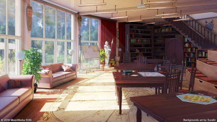 Bright anime-style room interior with large windows, cozy sofas, bookshelves, and tables, depicted in HD for a PC desktop wallpaper and background.