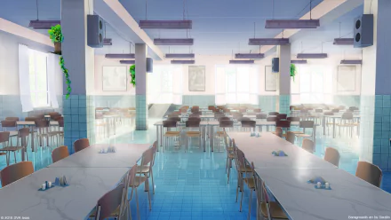 HD anime desktop wallpaper featuring a bright, spacious anime-style room with rows of tables and chairs, large windows, and hanging lights in a clean, modern setting.
