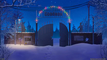 Original anime HD PC desktop wallpaper: anime night, night snow — snow-covered gate under colorful lights, footprints in fresh snow, silhouetted trees and power lines.