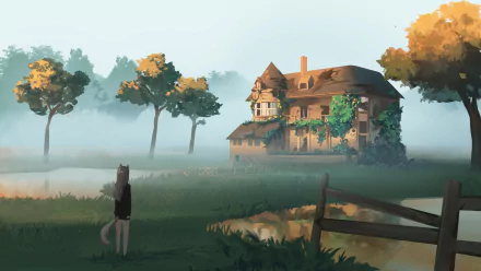 Anime-style HD wallpaper featuring a long-haired character standing near water, with a rustic house and trees in the misty background.