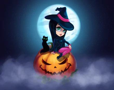black hair cat moon green eyes Jack Jack Parr fantasy witch HD Desktop Wallpaper | Background Image