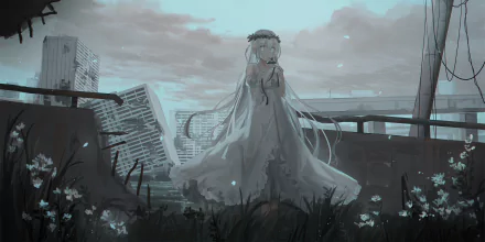 An anime girl with white hair and white eyes stands in a tattered white dress amidst a post-apocalyptic landscape. The HD desktop wallpaper features a backdrop of decayed buildings and overgrown vegetation.