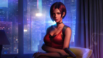 4K Ultra HD Resident Evil 2 (2019) wallpaper featuring Ada Wong against a vibrant cityscape at night, blending video game realism with atmospheric lighting.