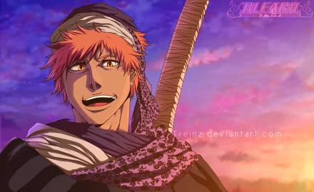 HD anime desktop wallpaper of Ichigo Kurosaki from Bleach, featuring him smiling with vibrant orange hair and a large sword against a colorful sunset sky.