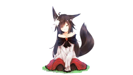 Anime character with animal ears and a tail sits on the grass, smiling in a white and red outfit. HD desktop wallpaper.