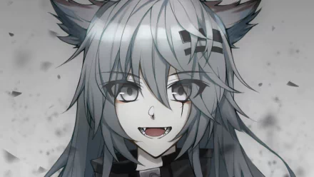 HD PC desktop wallpaper featuring Lappland from Arknights, a grey-haired cat girl from the video game, with detailed fur and expressive eyes in a monochrome style.