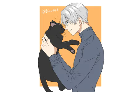 Victor Nikiforov from the anime Yuri!!! on ICE gently holds a black cat against an orange background in this HD PC desktop wallpaper.