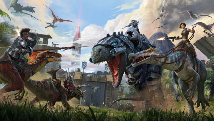 Epic battle scene from Ark: Survival Evolved featuring armored dinosaurs and warriors in intense combat, rendered in stunning 4K Ultra HD for PC desktop.