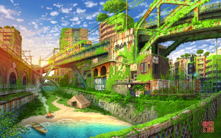 HD desktop wallpaper featuring an anime-style, post-apocalyptic scene with an overgrown, abandoned cityscape. A rusted train on elevated tracks traverses lush greenery and a tranquil riverbank.
