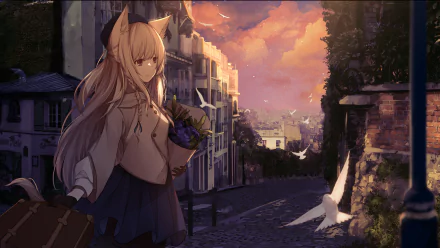 Anime girl with long white hair, animal ears, and red eyes stands in a picturesque city at sunset, holding flowers. Birds fly in the background. HD desktop wallpaper.