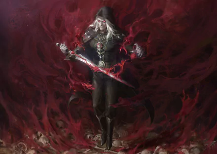 HD PC desktop wallpaper from Clash Of Wonders featuring a white-haired necromancer wielding a glowing sword surrounded by skulls and dark magical energy.