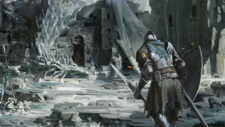 HD desktop wallpaper featuring a Dark Souls knight clad in armor, wielding a sword and shield, standing in a ruined fortress setting from the video game.