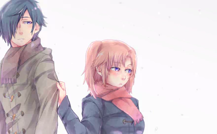 Hakuya Mitsumine and Kobeni Yonomori from Engaged to the Unidentified — anime-style HD desktop wallpaper: Kobeni tugs Hakuya's coat amid falling snow, soft pastel tones.