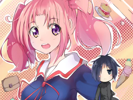 HD PC wallpaper showing Kobeni Yonomori with pink twin‑tails and Hakuya Mitsumine holding ice cream, bright anime art from Engaged to the Unidentified.