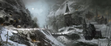 HD desktop wallpaper of a snowy village from the video game Diablo IV, featuring dark, gothic structures and a misty atmosphere.