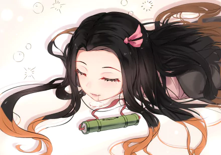 HD desktop wallpaper featuring Nezuko Kamado from the anime Demon Slayer: Kimetsu no Yaiba, showcasing her with flowing hair, a bamboo muzzle, and a pink ribbon in her hair, against a soft, light background.