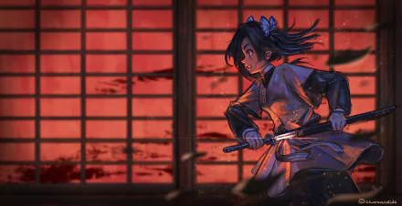 Aoi Kanzaki from Demon Slayer: Kimetsu no Yaiba in an intense action pose, set against a striking red and black background, captured in HD anime style for a PC desktop wallpaper.